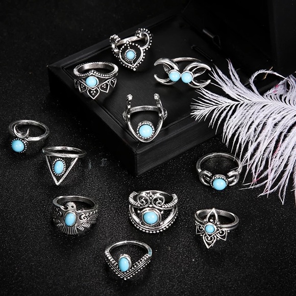11 Pcs Tribal Silver Turquoise Gem Ring Set - Picture 4 of 16